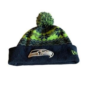 Seattle Seahawks New Era Embroider Stocking Hat Pom Pom Top Winter Navy Green